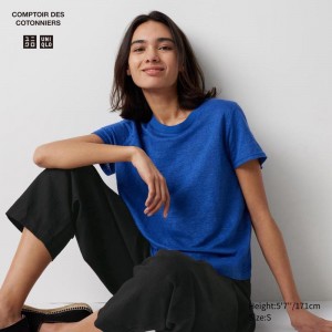 Uniqlo Linen Crew Neck Women T-Shirts Blue US | ZXGD-91854