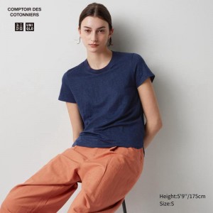 Uniqlo Linen Crew Neck Women T-Shirts Navy US | ZTJB-02379