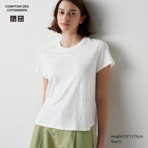 Uniqlo Linen Crew Neck Women T-Shirts Off White US | RPXO-57023