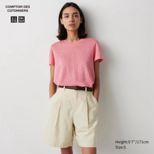 Uniqlo Linen Crew Neck Women T-Shirts Pink US | JWUS-69801