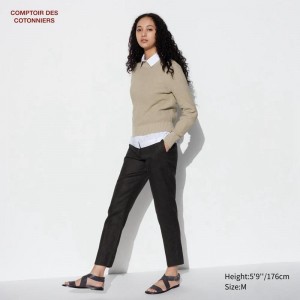 Uniqlo Linen Tapered Ankle Women Trousers Black US | WZQO-42895