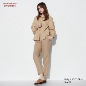 Uniqlo Linen Tapered Ankle Women Trousers Khaki US | NSGA-52170