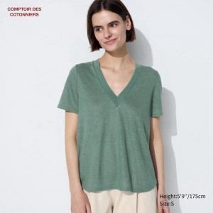 Uniqlo Linen V Neck Short Sleeved Women T-Shirts Green US | UHFO-84619