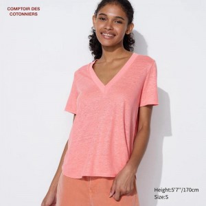 Uniqlo Linen V Neck Short Sleeved Women T-Shirts Pink US | AWTY-35618