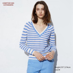 Uniqlo Linen V Neck Women Jumper Light Blue US | SJAR-42537