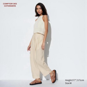 Uniqlo Lyocell Linen Blend Pleated Tapered Women Trousers Beige US | PUFQ-92735