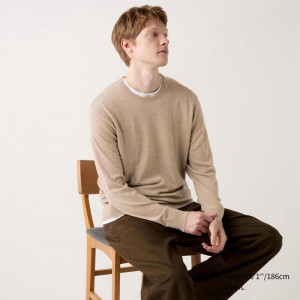 Uniqlo Merino Crew Neck Men Jumper Beige US | KWLR-68935