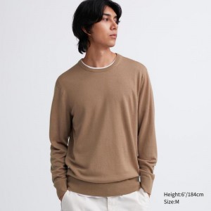 Uniqlo Merino Crew Neck Men Jumper Beige US | BDXK-40926