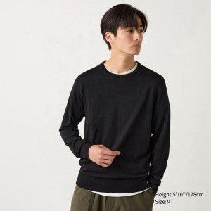 Uniqlo Merino Crew Neck Men Jumper Black US | IVLY-79326