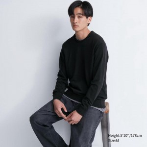 Uniqlo Merino Crew Neck Men Jumper Black US | UFBY-61584