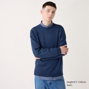 Uniqlo Merino Crew Neck Men Jumper Blue US | OMQC-65789