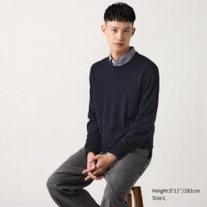 Uniqlo Merino Crew Neck Men Jumper Navy US | LQPM-14936