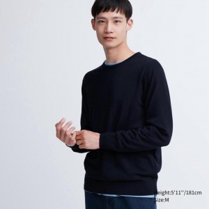 Uniqlo Merino Crew Neck Men Jumper Navy US | FRTB-54026