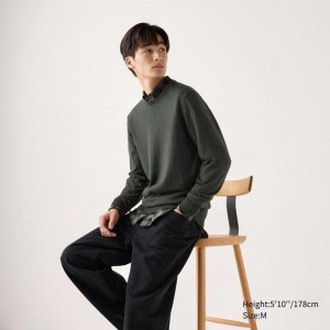 Uniqlo Merino Crew Neck Men Jumper Olive US | CIDQ-16372