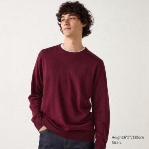 Uniqlo Merino Crew Neck Men Jumper Wine US | DQOV-68017