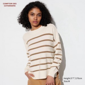 Uniqlo Merino Crew Neck (Stripe) Women Jumper Beige US | NOIM-63708