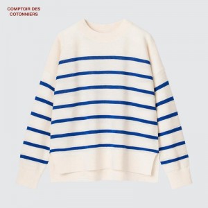 Uniqlo Merino Crew Neck (Stripe) Women Jumper Blue US | ABUG-90154