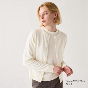 Uniqlo Merino Crew Neck Women Cardigans Off White US | OUAQ-63089