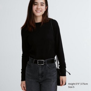 Uniqlo Merino Crew Neck Women Jumper Black US | OWXE-74839