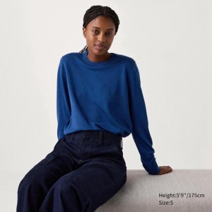 Uniqlo Merino Crew Neck Women Jumper Blue US | ZOWN-09214