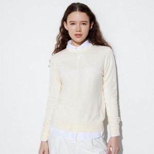 Uniqlo Merino Crew Neck Women Jumper Off White US | CXUZ-84179