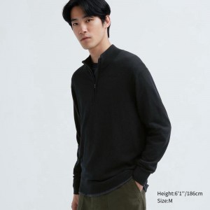 Uniqlo Merino Half-Zip Men Jumper Black US | CBPI-64581