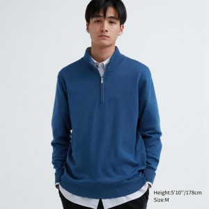 Uniqlo Merino Half-Zip Men Jumper Blue US | JVNR-76193