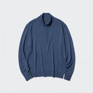 Uniqlo Merino Half-Zip Men Jumper Blue US | PHDE-58643