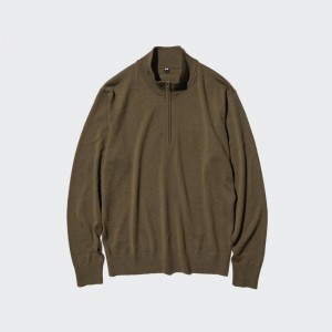 Uniqlo Merino Half-Zip Men Jumper Brown US | CXAK-78014