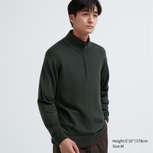 Uniqlo Merino Half-Zip Men Jumper Olive US | FCGH-85931