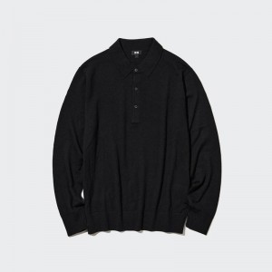 Uniqlo Merino Knit Men Polo Shirt Black US | OVPY-78625