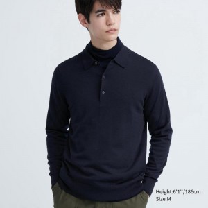 Uniqlo Merino Knit Men Polo Shirt Navy US | BDJL-51439