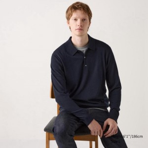 Uniqlo Merino Knit Men Polo Shirt Navy US | JKBI-98013