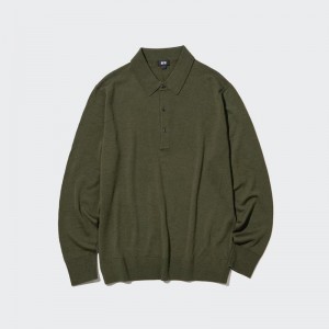 Uniqlo Merino Knit Men Polo Shirt Olive US | OKGL-82649