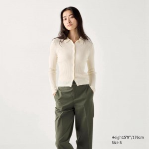 Uniqlo Merino Ribbed Polo Women Cardigans Off White US | KTPC-08962