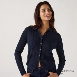 Uniqlo Merino Ribbed Polo Women Cardigans Navy US | NTVH-72841