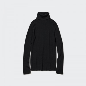 Uniqlo Merino Ribbed Women Jumper Black US | JTUE-46127