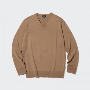 Uniqlo Merino V Neck Men Jumper Beige US | LPBG-58327