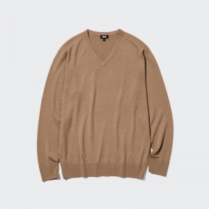 Uniqlo Merino V Neck Men Jumper Beige US | SJPC-57081