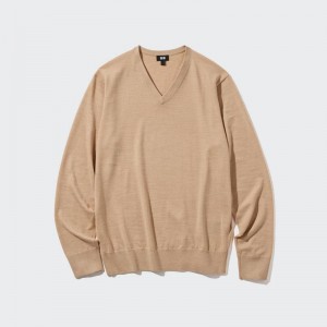 Uniqlo Merino V Neck Men Jumper Beige US | TXKR-64821