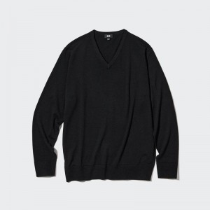 Uniqlo Merino V Neck Men Jumper Black US | APYW-63180