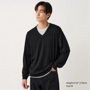 Uniqlo Merino V Neck Men Jumper Black US | KIUJ-35729