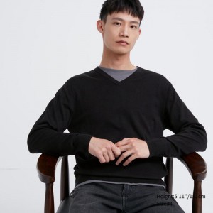 Uniqlo Merino V Neck Men Jumper Black US | YXMS-79368