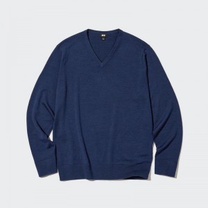 Uniqlo Merino V Neck Men Jumper Blue US | AKFS-06932