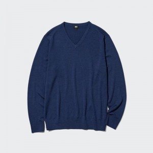 Uniqlo Merino V Neck Men Jumper Blue US | MVHA-35029