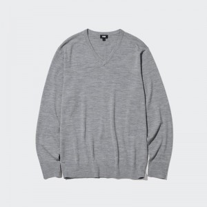 Uniqlo Merino V Neck Men Jumper Grey US | CHAG-79684