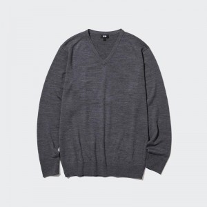 Uniqlo Merino V Neck Men Jumper Grey US | NPXB-26953