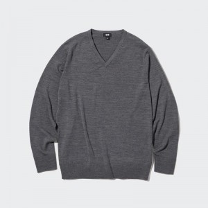 Uniqlo Merino V Neck Men Jumper Grey US | SKUF-95204