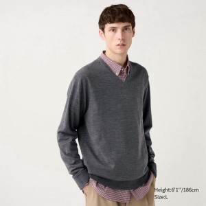 Uniqlo Merino V Neck Men Jumper Grey US | VZPH-72894