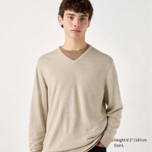 Uniqlo Merino V Neck Men Jumper Khaki US | GJBR-92754